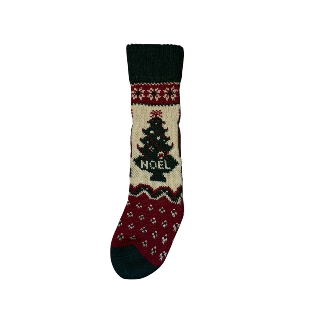 Vintage‎ Knit Christmas Stocking Red Green Ivory Tree Noel Holiday Decoration